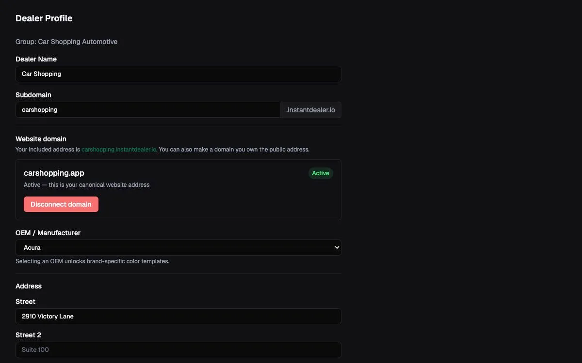 InstantDealer dealer profile showing an active custom website domain