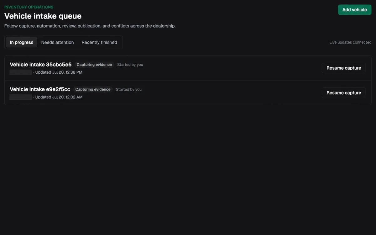 InstantDealer vehicle intake queue with live updates