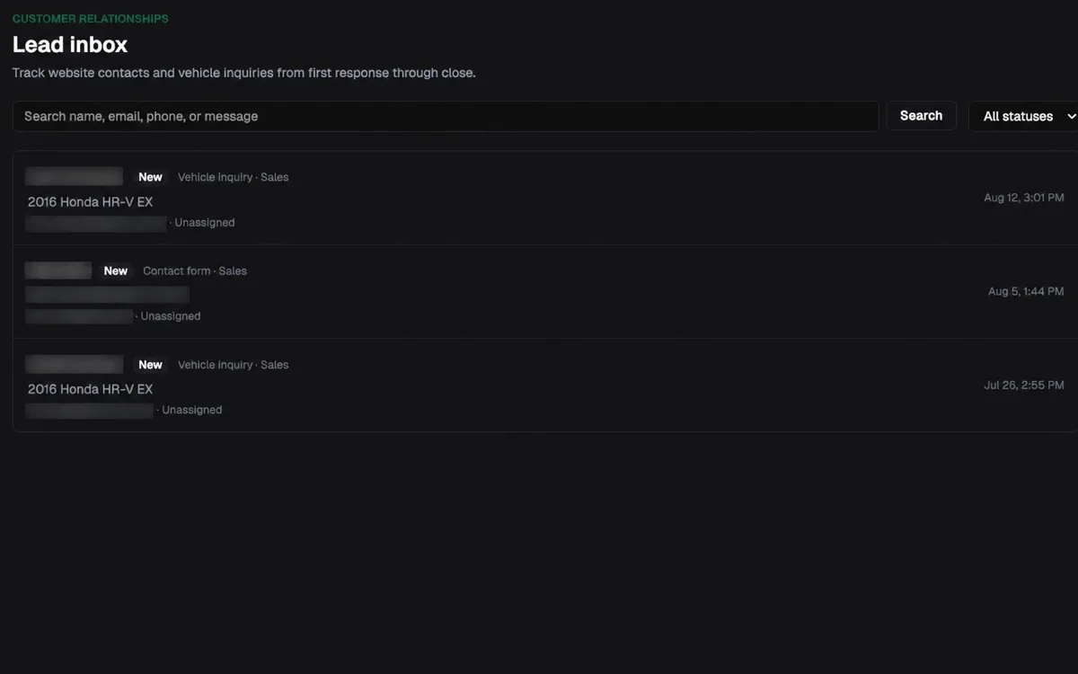 InstantDealer lead inbox with contact and vehicle inquiries