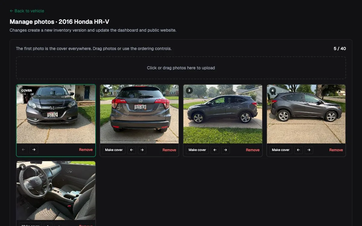 InstantDealer vehicle gallery management with cover and ordering controls