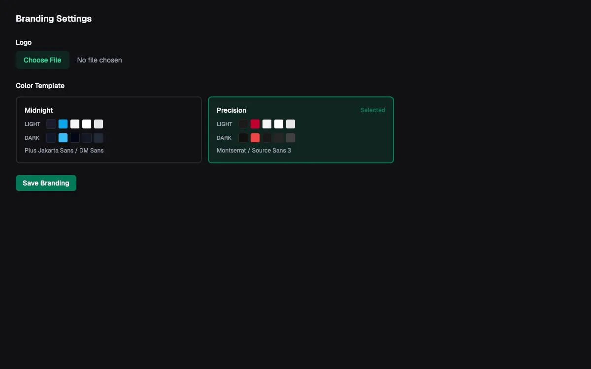 InstantDealer branding settings with dealership color templates